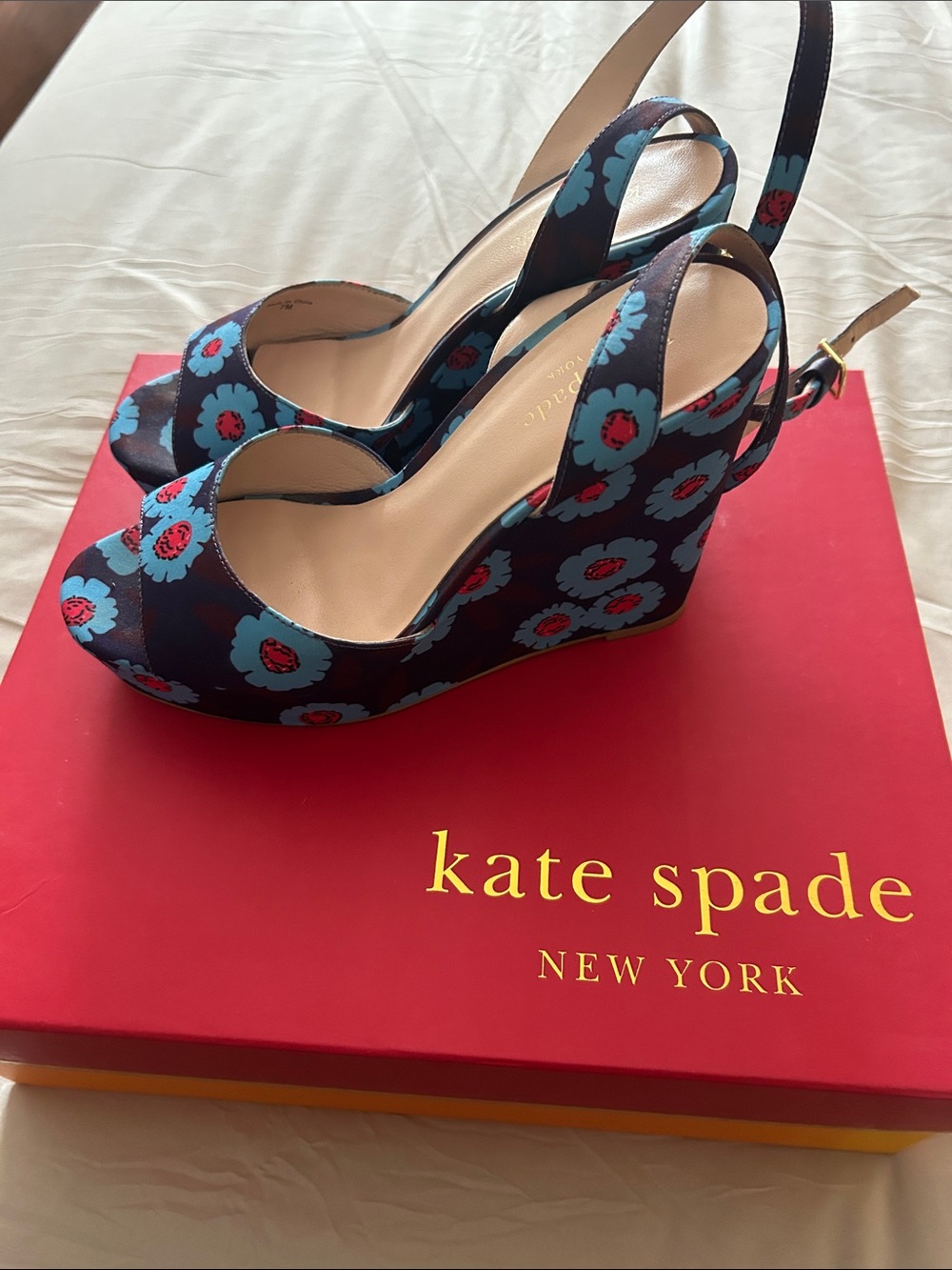 kate spade navy floral wedge sandals with blue and red accents